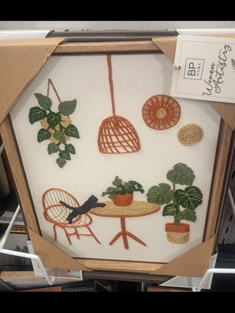 BP Home Embroidered Woven Cat Window Plants Books Wall Art